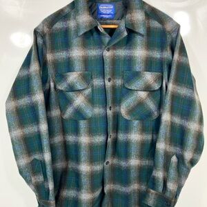 VTG Pendleton Loop Flap Shadow Plaid Wool Board Shirt Men Large USA Green *READ*